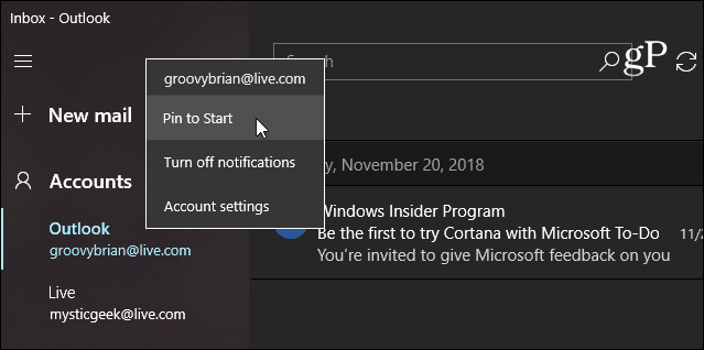 הצמד דוא"ל ליישום Windows 10 Start Mail