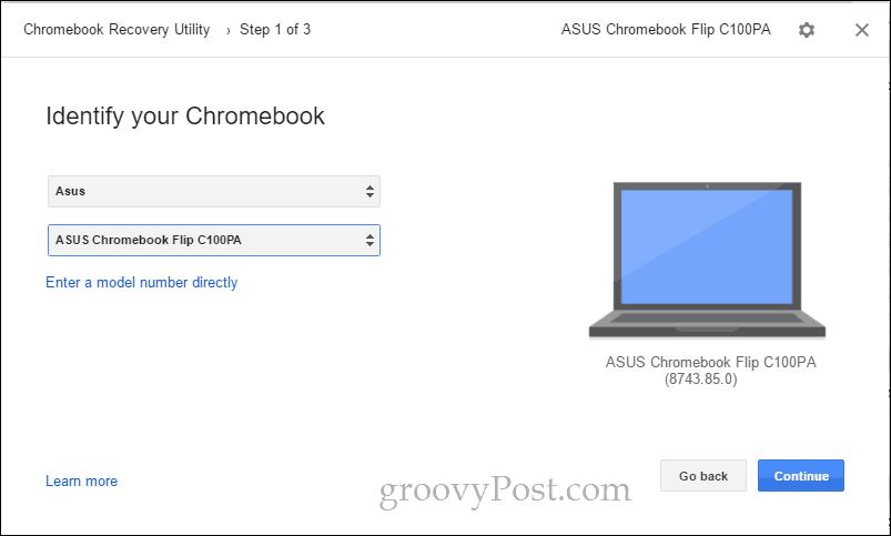 כלי ההתאוששות של Chromebook בחר דגם