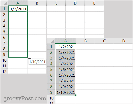 תאריכי מילוי אוטומטי של Excel