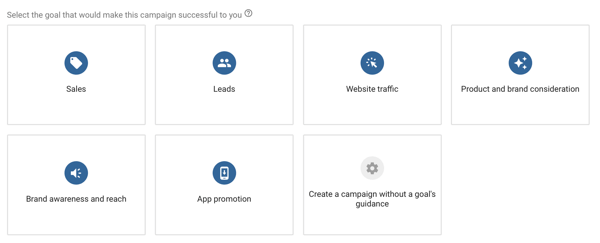 כיצד להקים קמפיין למודעות YouTube, שלב 4, לבחור מטרת מודעות YouTube, אפשרויות יעד קמפיין