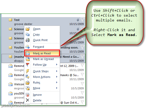 בחר דוא"ל מרובים וסמן דוא"ל מרובים כנקרא או שלא נקרא ב- Outlook 2010
