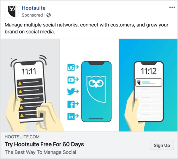 המסרים במודעת Hootsuite בפייסבוק הם ברורים ותמציתיים. 