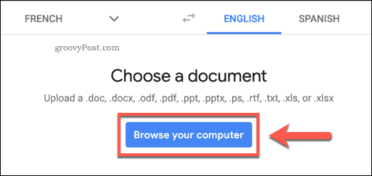 לחץ על לחצן הגלישה במחשב שלך באתר Google Translate