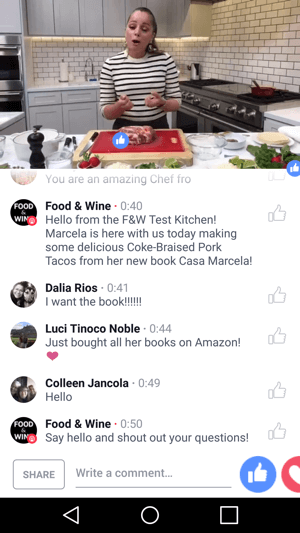 Food & Wine מציגה את השף מרסלה ויאדוליד בשידור משותף של פייסבוק בשידור חי שמועיל לשני הצדדים.