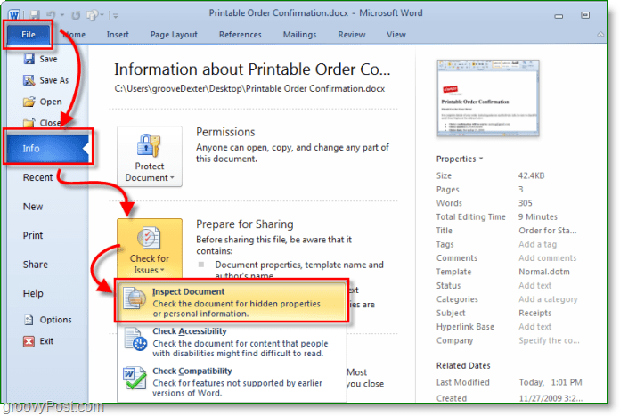 כיצד לגשת למפקח המסמכים ב- Microsoft Office 2010