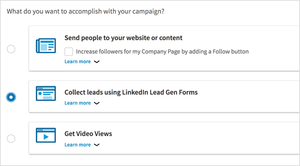 בחרו איסוף לידים באמצעות LinkedIn Lead Gen Forms כיעד הקמפיין שלכם.