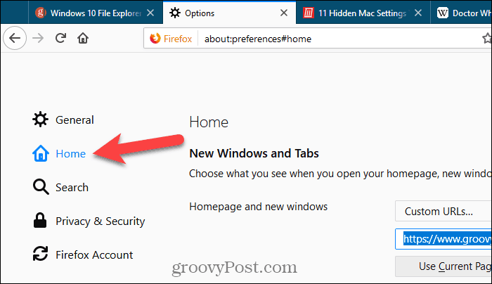 לחץ על דף הבית בדף ההגדרות ב- Firefox