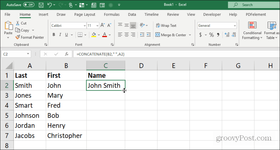 באמצעות שרשור לשמות ב- Excel