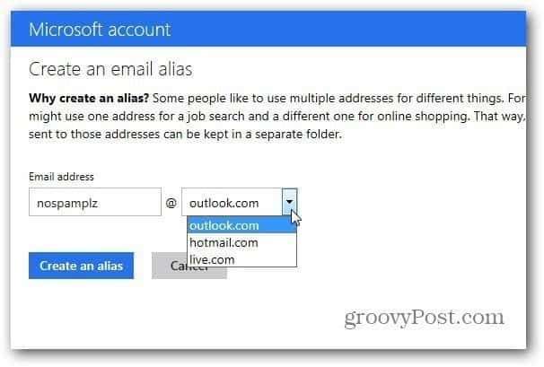 תכונת הכינוי של Outlook.com
