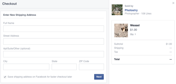 הלקוח הזן פרטי משלוח לרכישה ראשונה בפייסבוק