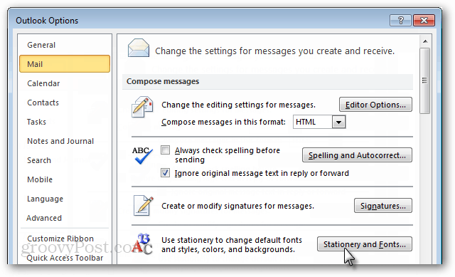אפשרויות הדואר של Outlook 2010