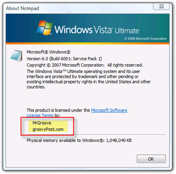 להציג בעלים וארגון עבור Windows Vista
