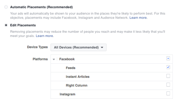 בחר את המיקום של מודעת הפייסבוק שלך.