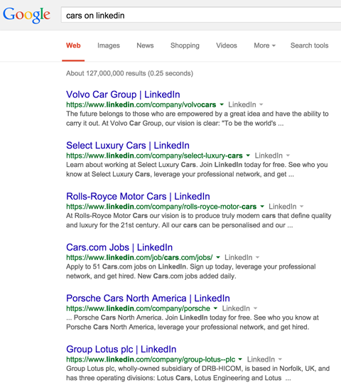 תוצאות עמוד החברה של לינקין בתוצאות החיפוש של גוגל למכוניות ברשת
