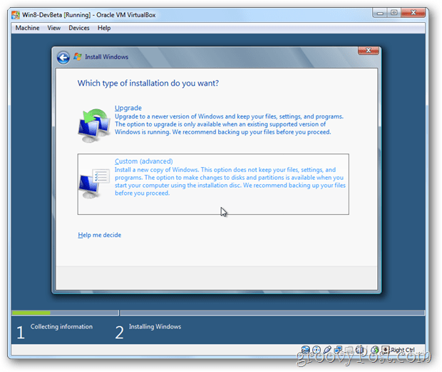 VirtualBox Windows 8 בחר התקנה מותאמת אישית