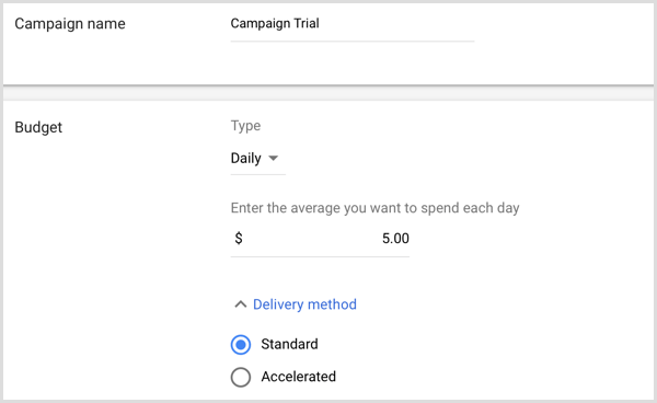 הוסף שם ותקציב של מסע פרסום ב- Google AdWords.