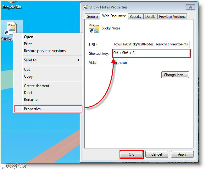 Windows 7 צור תפריט הקצאת מקשים לקיצור דרך חדש: תמונת מסך