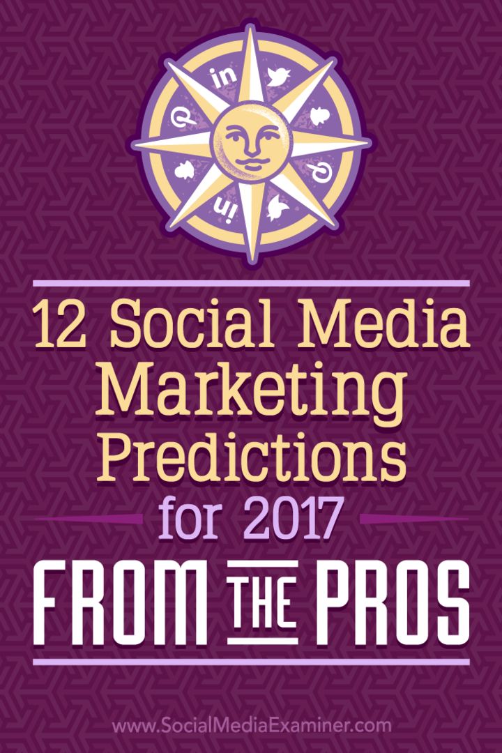 12 תחזיות שיווק ברשתות חברתיות לשנת 2017 מאת המקצוענים מאת ליסה ד. ג'נקינס בבודק מדיה חברתית.