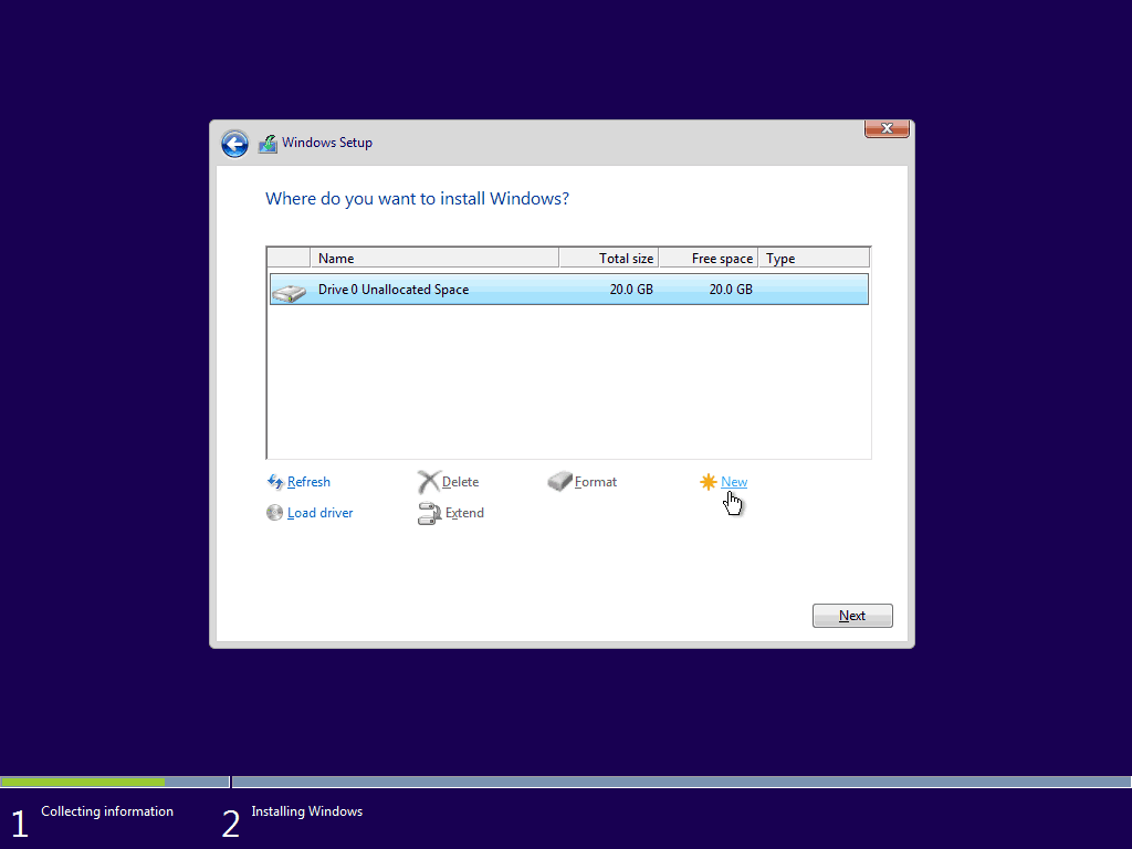07 יצירת מחיצה חדשה מחלל בלתי מוקצה 5 התקנה נקייה של Windows 10