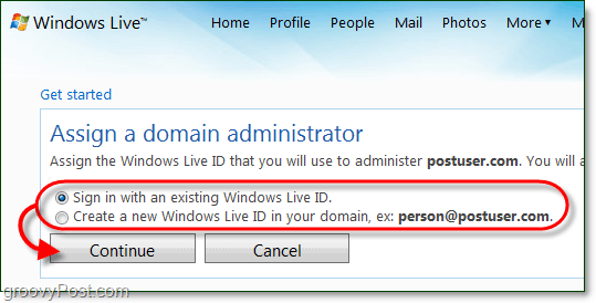 צור חשבון מנהל תחום של Windows Live או השתמש בחשבון חי שוטף