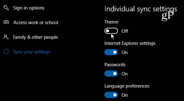הגדרות סינכרון אינדיבידואליות של Windows 10