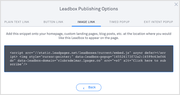 פרסום קוד LeadPages leadbox 