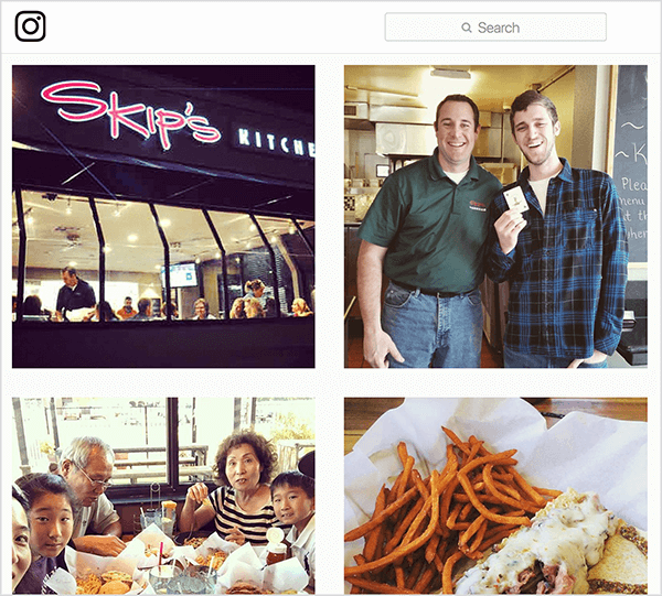 זהו צילום מסך של תמונות אינסטגרם שתויגו #skipsdiner. אחד מראה את החלק החיצוני של המסעדה, אחד מראה גבר אוחז בכרטיס כאילו הוא זכה במשחק הג'וקר, אחד מראה משפחה אוכלת ליד שולחן, ואחד מראה את האוכל שמישהו הזמין. ג'יי באר אומר שמשחק הג'וקר הוא דוגמה להדק דיבורים.