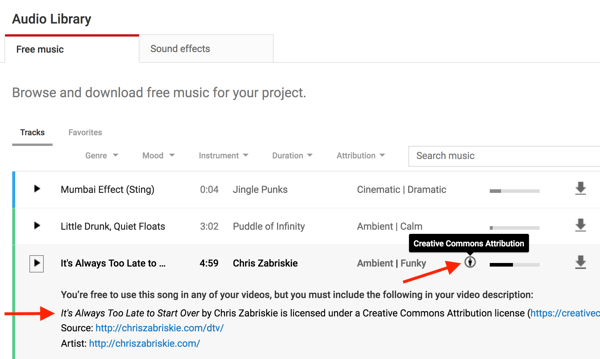 קבצי מוסיקה בספריית האודיו של YouTube יציינו אם אתה צריך לזכות את היוצר המקורי.