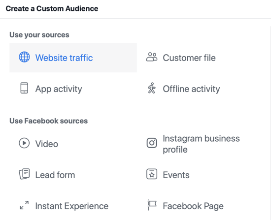 השתמש בכלי הגדרת האירועים של פייסבוק, שלב 14, אפשרות התפריט של פייסבוק כדי לבחור תעבורת אתרים כמקור קהל