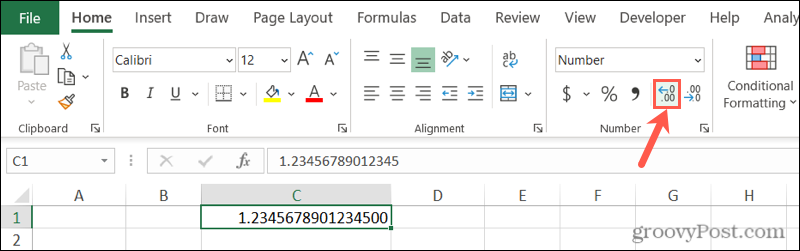 עצור את עיגולי המספרים של Excel באמצעות הלחצן הגדל עשרוני