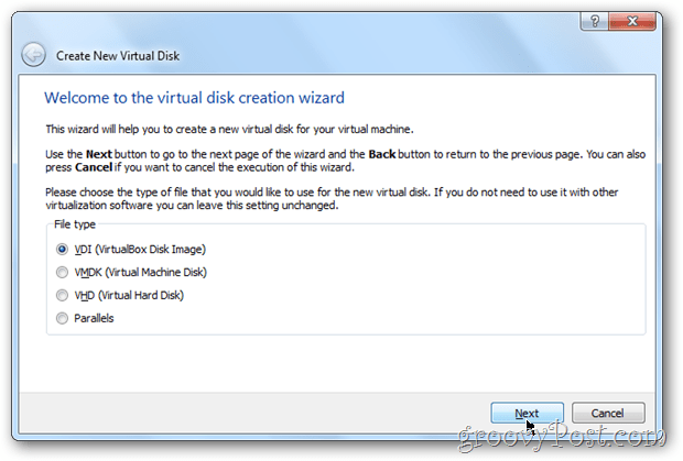 VirtualBox בוחרת תיבת וירטואלית של סוג הדיסק של חלונות 8