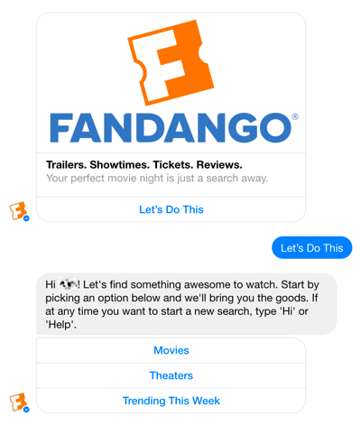 הצ'ט-בוט של מסנג'ר פייסבוק של Fandango מסייע להדריך משתמשים בבחירת סרטים.