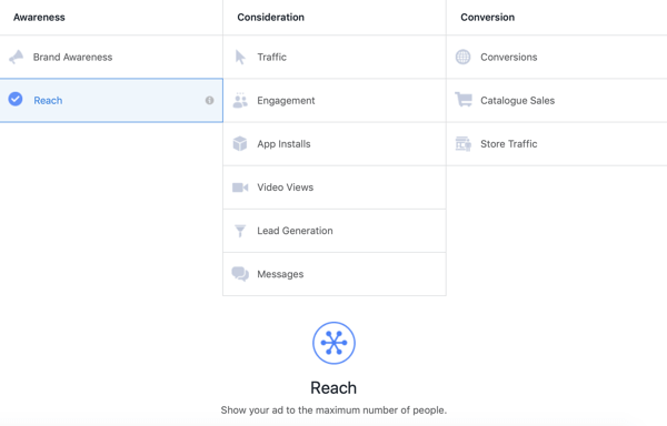כיצד ליצור מודעות Facebook להגיע, שלב 1, אפשרות לקמפיין Reach תחת מודעות