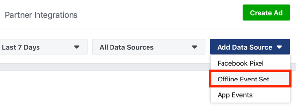 אפשרות לבחור הגדרת אירוע לא מקוון כמקור נתונים עבור האירועים שלך במצב לא מקוון של מודעות Facebook.