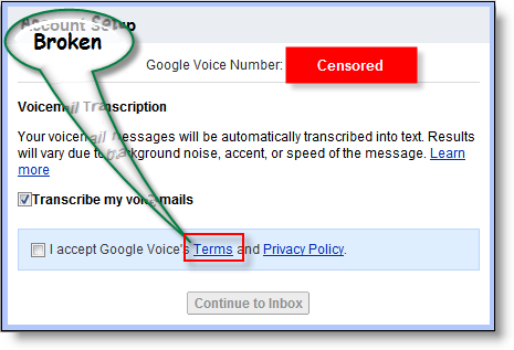 קישור התנאים וההגבלות של Google Voice נשבר