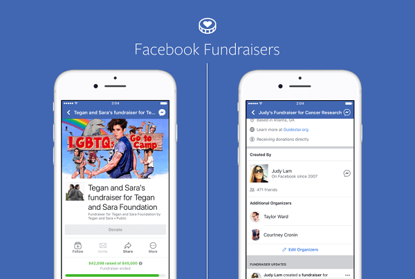 עמודי פייסבוק של מותגים ואישי ציבור יכולים כעת להשתמש בגיוסי הכספים של פייסבוק כדי לגייס כסף למטרות מלכ"ר, וארגונים ללא מטרות רווח יכולים לעשות זאת גם בעמודים שלהם.