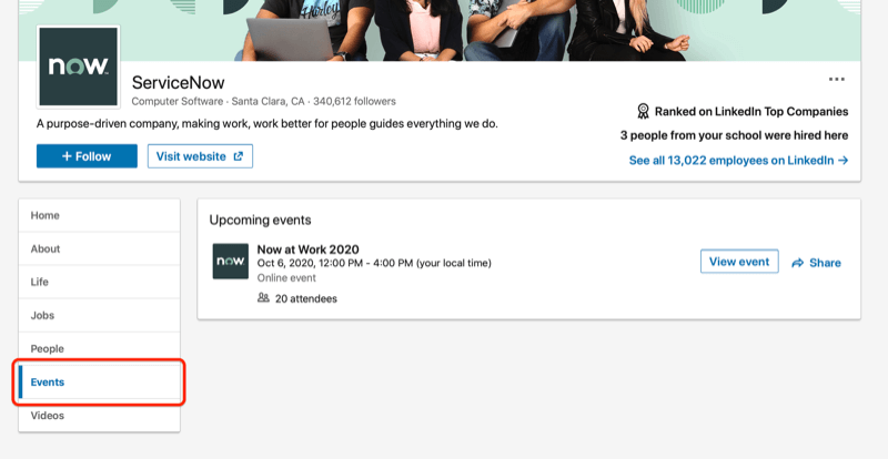 צילום מסך של דף חברת linkedin המדגיש את כרטיסיית האירועים של אותה חברה