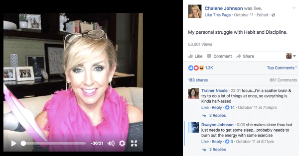 פוסט וידאו חי בפייסבוק בפייסבוק של Chalene.