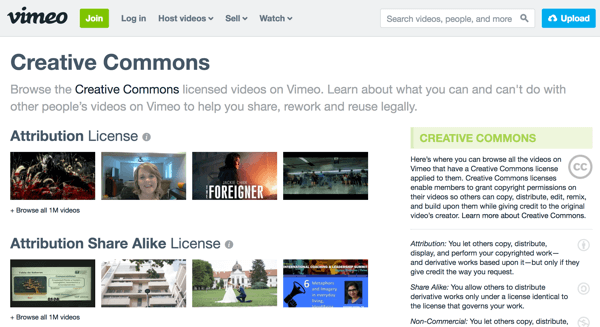 Vimeo מקבץ קטעי וידיאו לפי סוג רישיון וכולל הסברים על כל סוג בצד ימין.