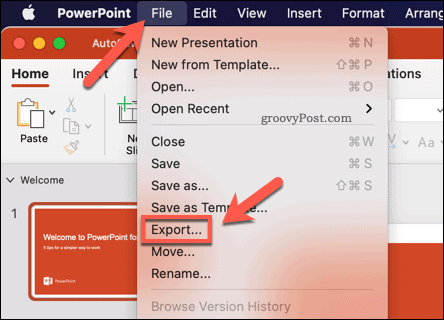 ייצוא מצגת PowerPoint כסרטון ב- Mac