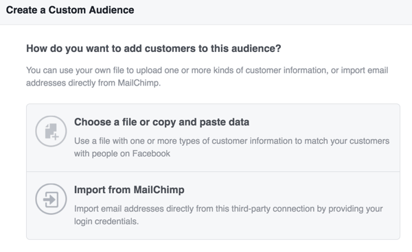 בחר כיצד ברצונך להעלות את פרטי הלקוחות כדי ליצור את הקהל המותאם אישית שלך בפייסבוק.