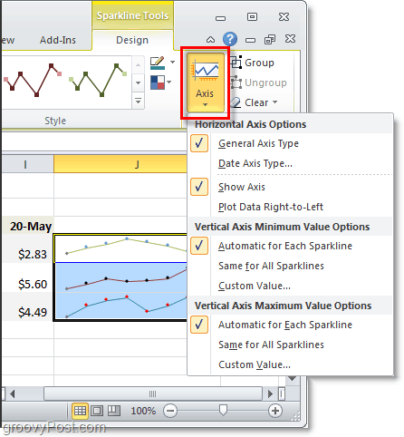 לשנות את ציר הניצוץ ב- Excel 2010