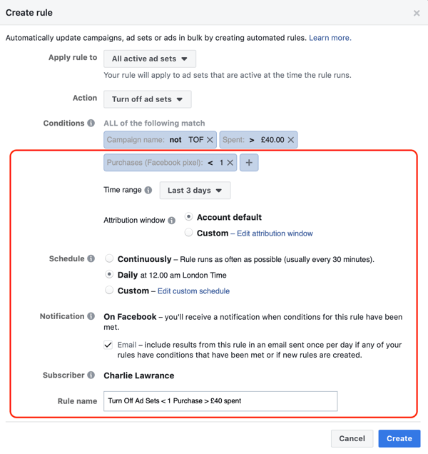 השתמש בכללים אוטומטיים של פייסבוק, עצור את הגדרת המודעות כאשר ההוצאה היא פי שניים מהמחיר ופחות מרכישה אחת, שלב 3, הגדרות כלל נוספות