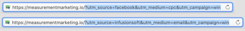 דוגמה לכתובות אתר עם תגי utm מקודדות עם החלק utm של הכתובות המודגשות המראות facebook / cpc ו- infusionsoft / email כפרמטרים לקמפיין הזכייה