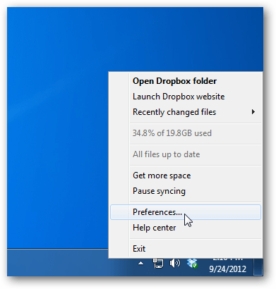 העדפות Dropbox