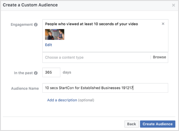 קהל מותאם אישית של מעורבות וידאו בפייסבוק
