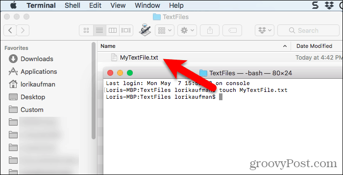 קובץ טקסט שנוצר באמצעות פקודת מגע בטרמינל ב- Mac