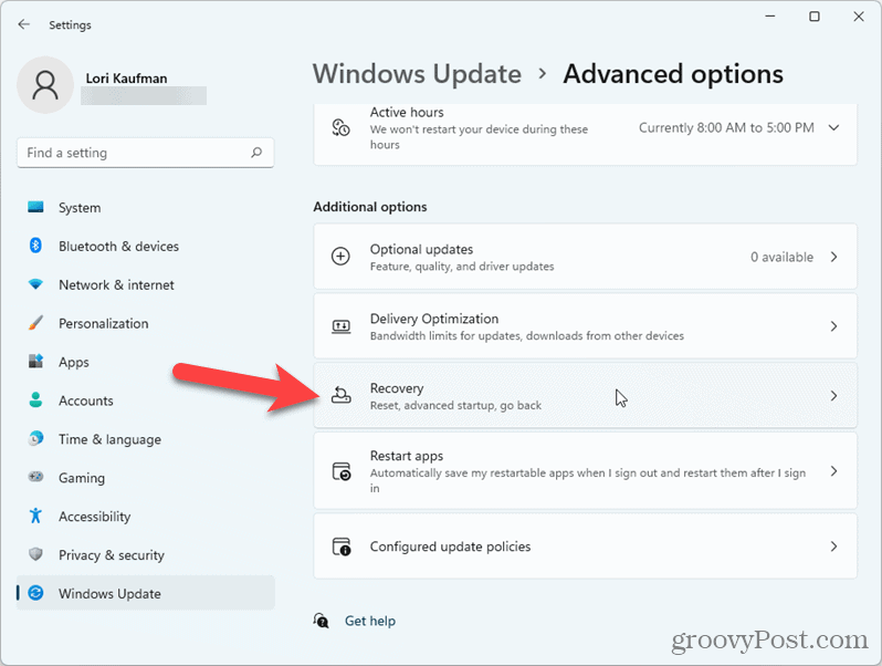לחץ על שחזור בהגדרות Windows 11