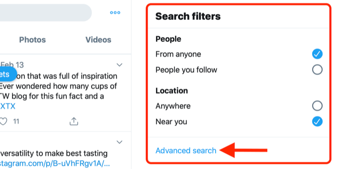 צילום מסך המציג את קישור החיפוש המתקדם בתיבת מסנני החיפוש בטוויטר
