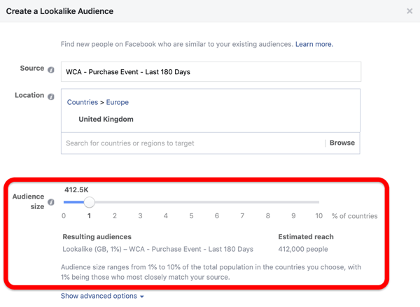 אפשרות גודל הקהל בעת יצירת קהל ה- Lookalike שלך ​​בפייסבוק מהקהל המותאם אישית שלך.